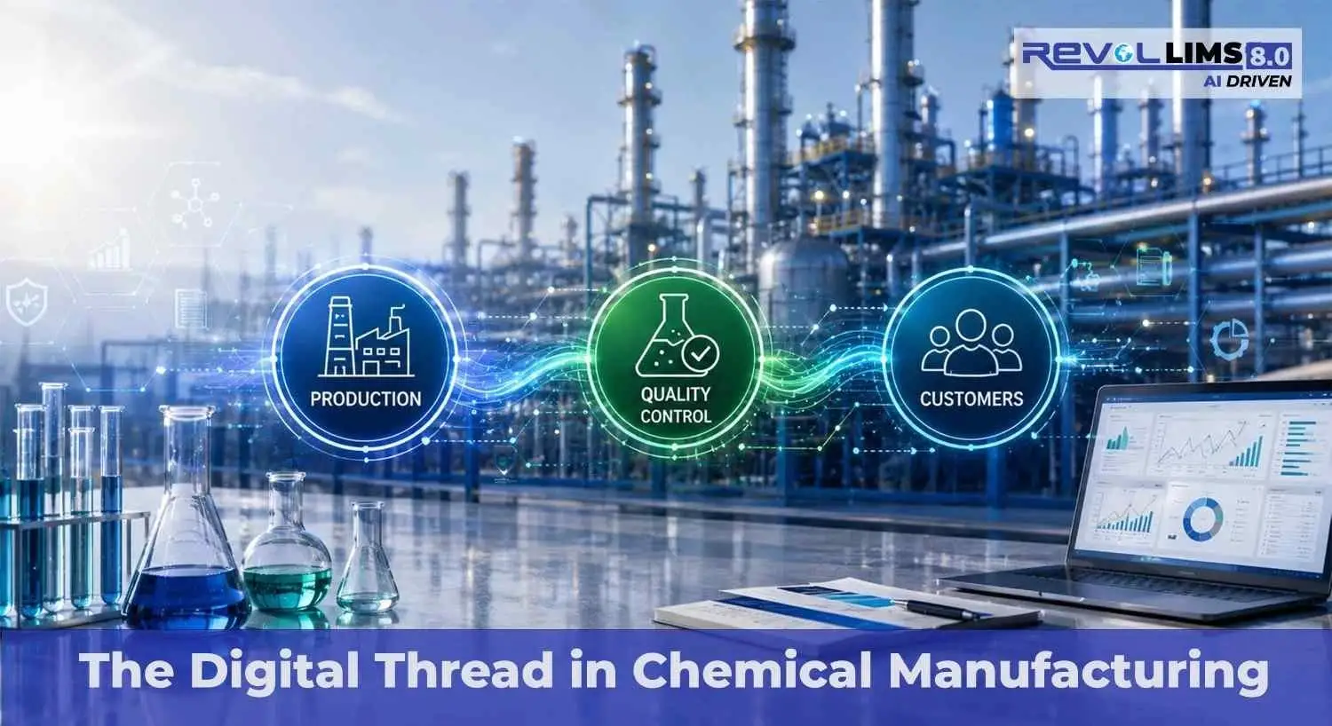 Digital thread connecting production, quality control, and customers in a chemical manufacturing plant